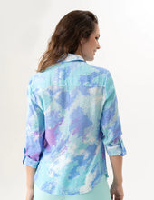 Load image into Gallery viewer, Long sleeve tie dye blouse in Spa color with collar and front buttons. Versatile piece can be worn as a blouse or open over a tee.
