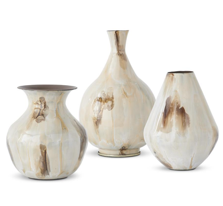 Cream & Brown Enameled Metal Vases