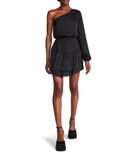 Black one-shoulder dress with long skirt, cinched waist, and tiered ruffle hemline by Steve Madden.