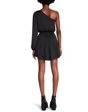 Load image into Gallery viewer, Steve Madden&#39;s black one-shoulder dress with long skirt, cinched waist, and tiered ruffle hemline.
