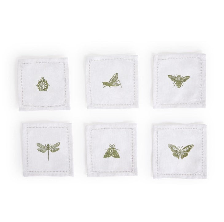 Friends of Garden Set of 6 Embroidered Insects Hemstitch Cocktail Napkins