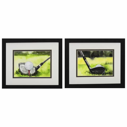 Two double matted golf prints framed under glass with a matte black frame.