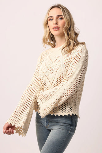 Embroidered crewneck sweater with flared sleeves, perfect for fall. Solid color yarn, trendy and cute.