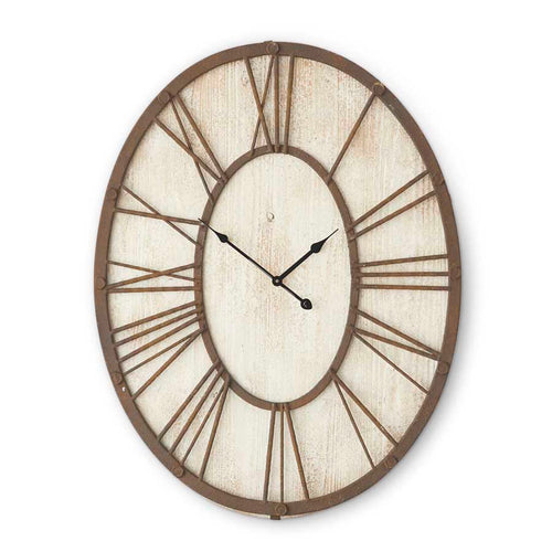 White washed wooden clock with rusted metal design for a modern twist on traditional industrial style.