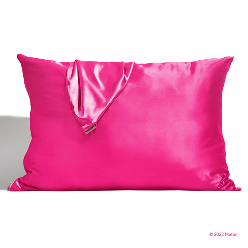 Barbie pink satin pillowcase with embroidered “B” in corner. Reduces frizz, breakage, breakouts, facial creases. Gentle on skin, hair, eyelashes, eyebrows. Stays cool all night.