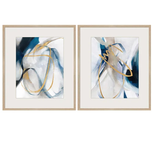 Framed abstract blue and white painting with gold accents from Banks Artwork.