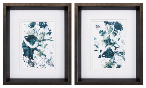 Abstract blue and green images double matted in white, framed under glass with gunmetal moulding.