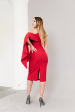 Load image into Gallery viewer, Stand out in the Delilah Cocktail Dress Red by Posh Couture - one shoulder overlay, bold color choice.
