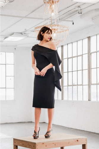 Black one-shoulder overlay Delilah Cocktail Dress for daring risk-takers. Modern design, stunning silhouette, make a bold entrance!