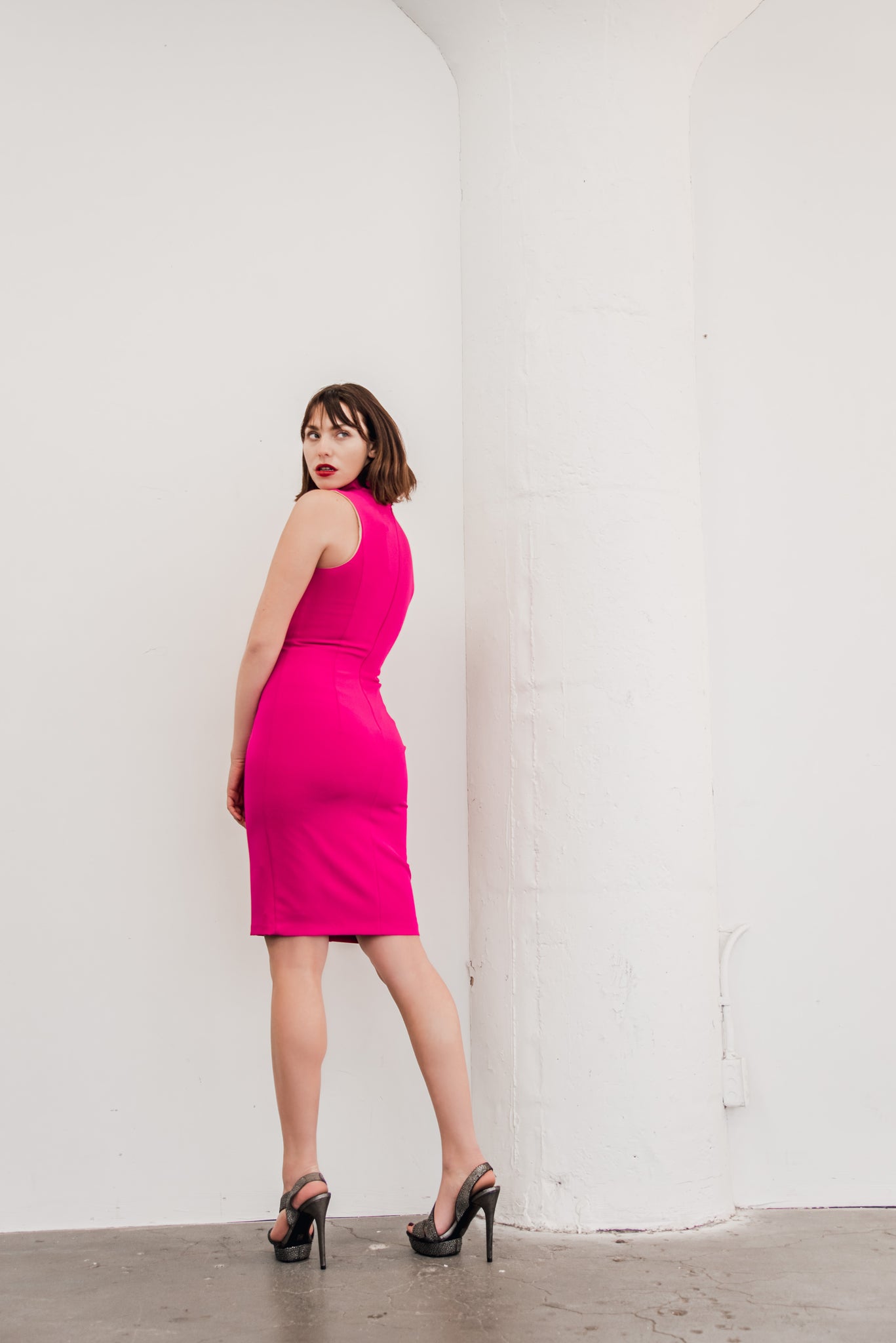 Hot Pink Ruffle V-Neck Dress - Posh Couture X-Small Hot Pink Ruffle V-Neck Dress - Posh Couture X-Small