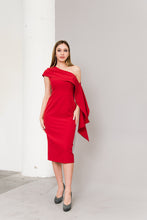 Load image into Gallery viewer, Red Delilah Cocktail Dress by Posh Couture: one shoulder overlay, bold color - perfect for risk-takers!
