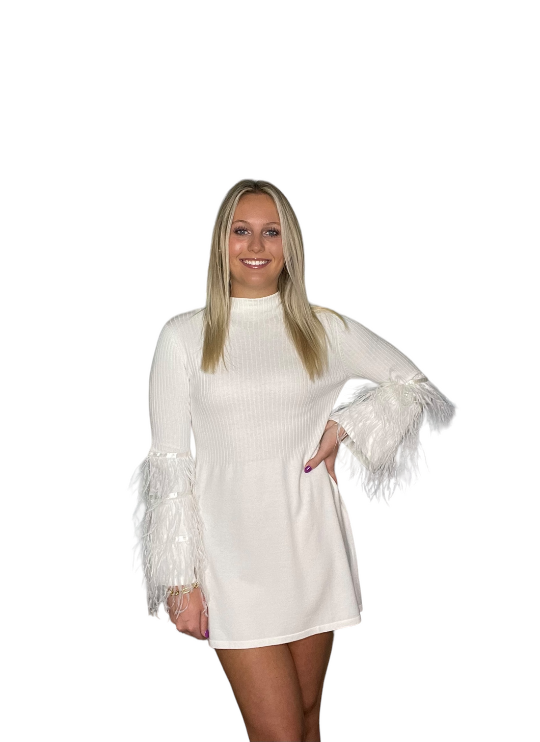 Feathered Long Sleeve Mini Dress - Tyler Boe