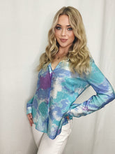 Load image into Gallery viewer, Stylish tie dye blouse in Spa color with collar and front buttons. Can be worn as a blouse or layered over a tee for a chic look.
