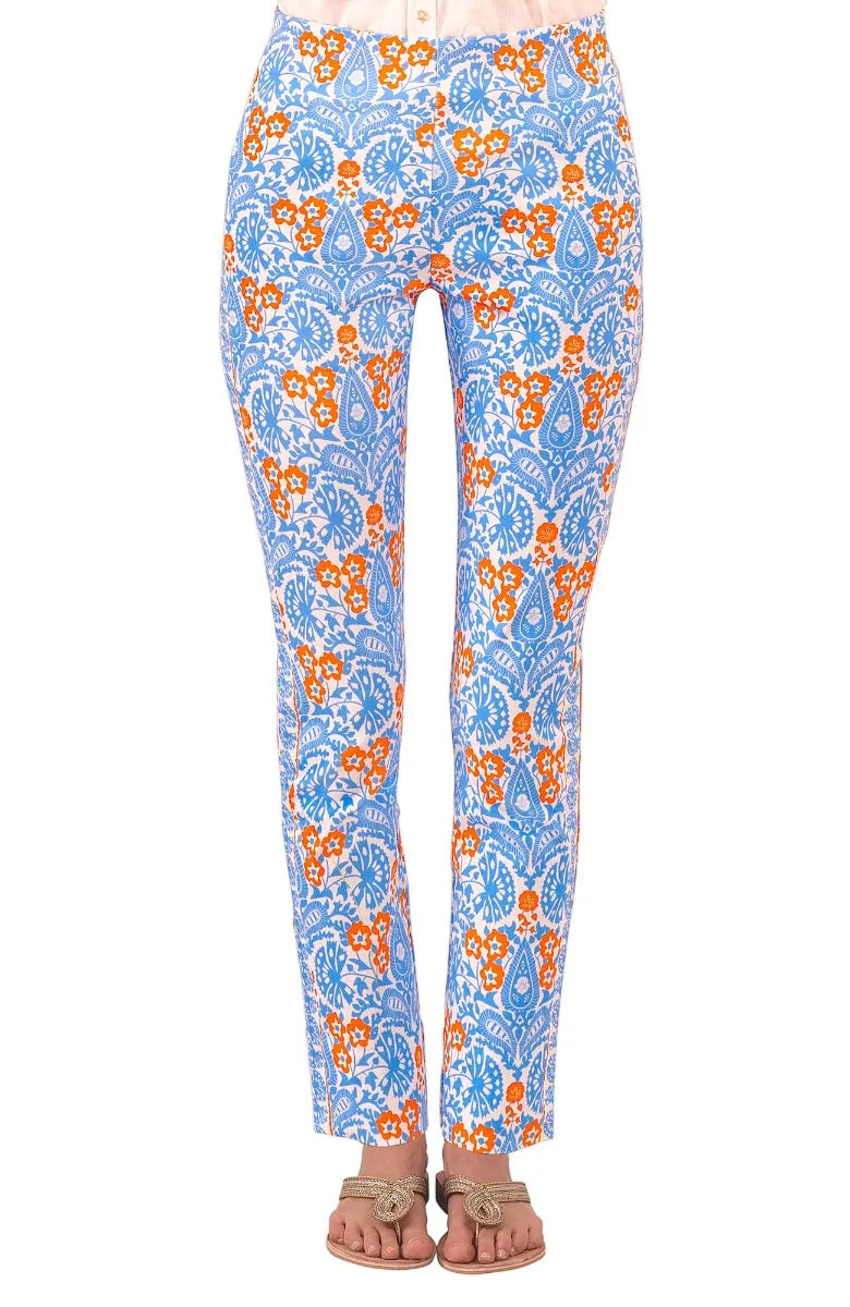 Gretchen Scott's gripeless pull on pant featuring blue and orange floral print.