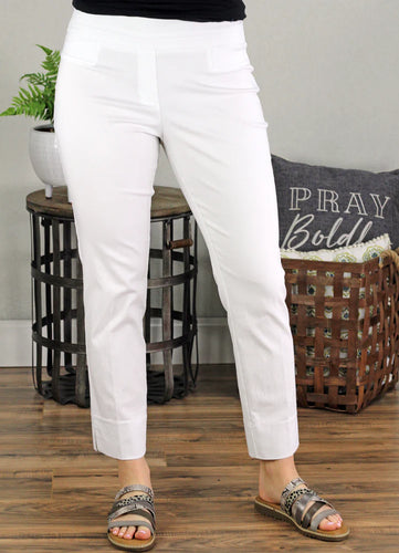 Renuar ankle pant: comfortable, durable, stylish. Perfect for work or casual wear. Front and back pockets add interest. Wide waistband for a sleek fit.
