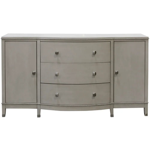Stylish chest featuring a smokey gray finish, three drawers, and two side cabinets. Size: 68in W x 38in H x 18in D.