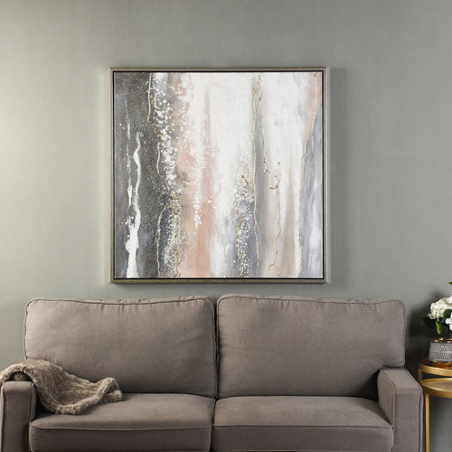 Creamy artwork on canvas with a sleek silver frame, showcasing hand-painted details.